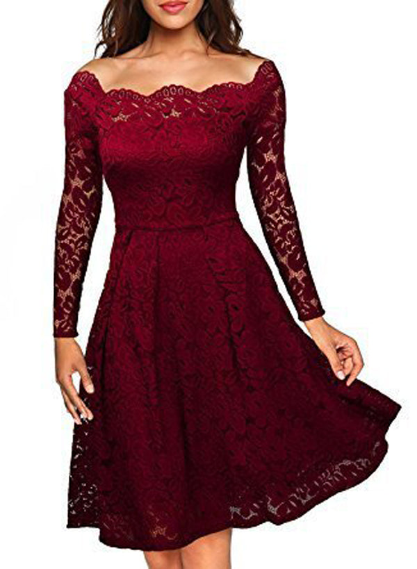 Celino Women's Burgundy Lace Off Shoulder Long Sleeve Skater Dress - ShopCelino Celino Women's Burgundy Lace Off Shoulder Long Sleeve Skater Dress - ShopCelino