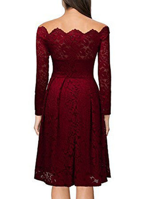 Celino Women's Burgundy Floral Lace Off Shoulder Long Sleeve Skater Dress
