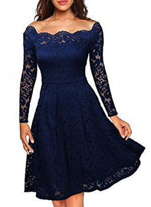 Celino Women's Navy Blue Floral Lace Off Shoulder Long Sleeve Skater Dress - Celino Corp.