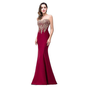 Celino Women's Mermaid Prom Sheer Jewel Neck Floor Length Red Gown Party Dress - Celino Corp.