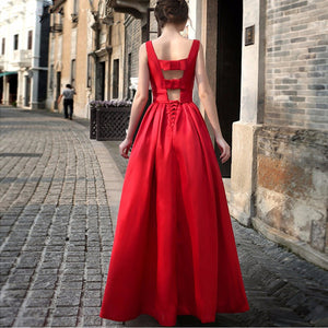 Celino Women's Red Long Gown Floor Length Round Neck Sleeveless Party Dress