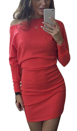 Celino Women's Winter Red Long Sleeve One Off Shoulder Short Mini Dress - Celino Corp.
