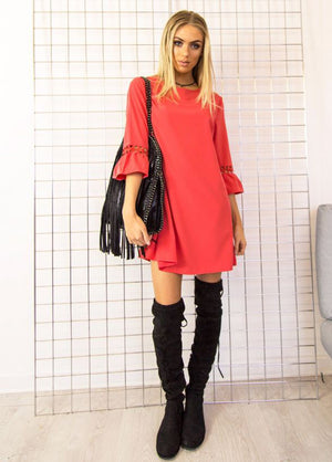 Celino Women's Ruffle Three Quarter Sleeve O Neck Red Mini Dress