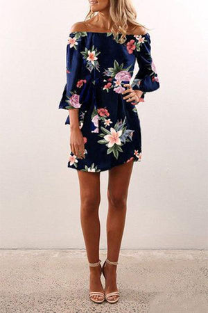 Celino Women's Cocktail Party Blue Floral Printed Off Shoulder Mini Dress - Celino Corp.