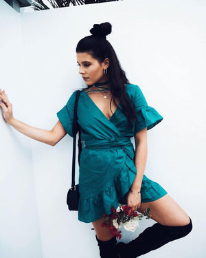 Celino Women's Deep V-Neck Solid Green Ruffle Sleeve Summer Mini Dress