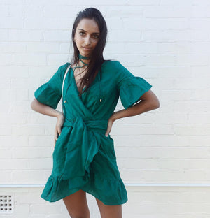 Celino Women's Deep V-Neck Solid Green Ruffle Sleeve Summer Mini Dress