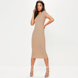 Celino Women Round-Neck Short Sleeve Party Club Bodycon Khaki Midi Dress