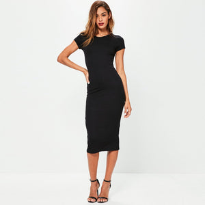 Celino Women Round-Neck Short Sleeve Party Club Bodycon Black Midi Dress