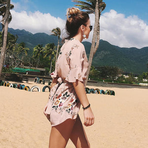 Celino Women Apricot Floral Printed V-Neck Short Sleeve Party Club Mini Dress