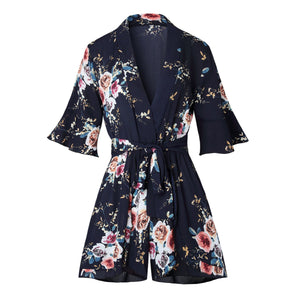 Celino Women Navy Blue Floral V-Neck Short Sleeve Party Club Mini Dress - Celino Corp.