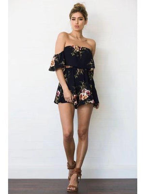 Celino Women Navy Blue Floral Print Off Shoulder Short Sleeve Mini Dress