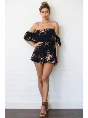 Celino Women Navy Blue Floral Print Off Shoulder Short Sleeve Mini Dress