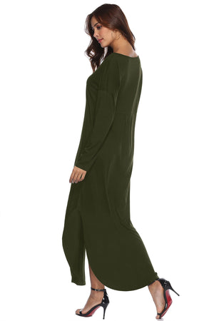 Celino Ladies Green Casual Forking V-Neck Loose Solid Long Cotton Autumn Dresses - Celino Corp.