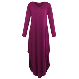 Celino Ladies Pink Casual Forking V-Neck Loose Solid Long Cotton Autumn Dresses - Celino Corp.