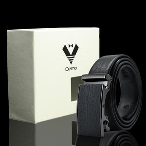 Black Adjustable Ratchet Slide Buckle Belt for Men - Genuine Leather Automatic Belt with No Holes