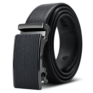 Black Adjustable Ratchet Slide Buckle Belt for Men - Genuine Leather Automatic Belt with No Holes