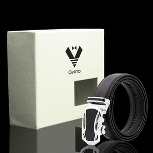 Black & Silver Adjustable Ratchet Slide Buckle Belt for Men - Genuine Leather Automatic Belt with No