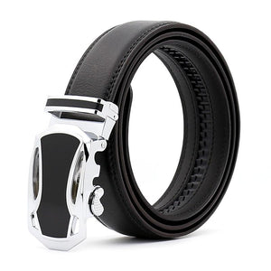 Black & Silver Adjustable Ratchet Slide Buckle Belt for Men - Genuine Leather Automatic Belt with No
