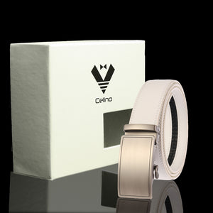 Silver Adjustable Ratchet Slide Buckle Belt for Men - Genuine Leather Automatic Belt with No