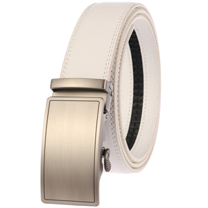 Silver Adjustable Ratchet Slide Buckle Belt for Men - Genuine Leather Automatic Belt with No