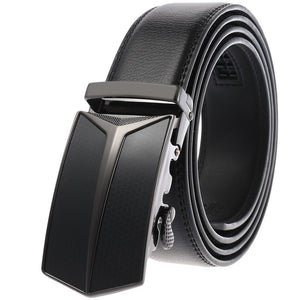 Black Adjustable Ratchet Slide Buckle Belt for Men - Genuine Leather Automatic Belt with No Holes