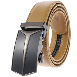 Black & Tan Adjustable Ratchet Slide Buckle Belt for Men - Genuine Leather Automatic Belt with No