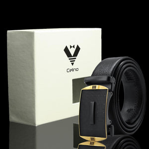 Black & Gold Adjustable Ratchet Slide Buckle Belt for Men - Genuine Leather Automatic Belt with No