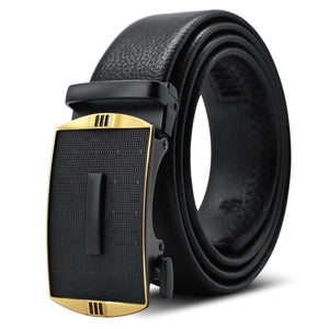 Black & Gold Adjustable Ratchet Slide Buckle Belt for Men - Genuine Leather Automatic Belt with No