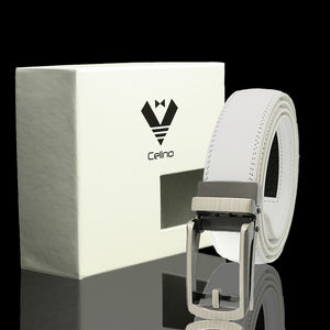 White Adjustable Ratchet Slide Buckle Belt for Men - Genuine Leather Automatic Belt with No