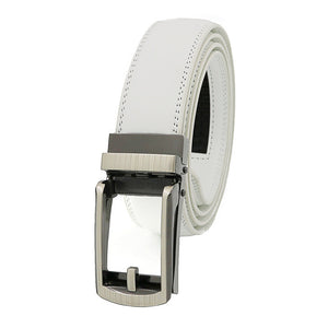 White Adjustable Ratchet Slide Buckle Belt for Men - Genuine Leather Automatic Belt with No