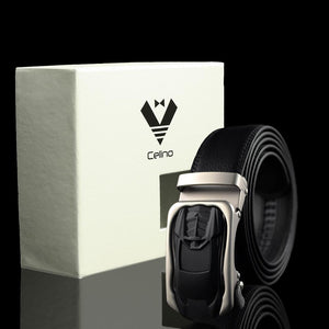 Black & Silver Adjustable Ratchet Slide Buckle Belt for Men - Genuine Leather Automatic Belt with No