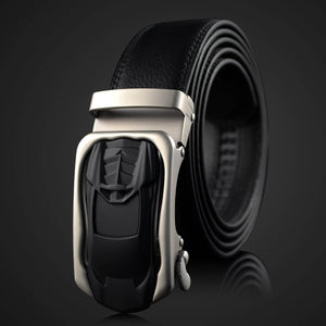 Black & Silver Adjustable Ratchet Slide Buckle Belt for Men - Genuine Leather Automatic Belt with No