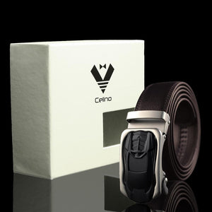 Black & Silver Adjustable Ratchet Slide Buckle Belt for Men - Genuine Leather Automatic Belt with No