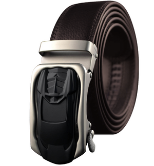 Black & Silver Adjustable Ratchet Slide Buckle Belt for Men - Genuine Leather Automatic Belt with No