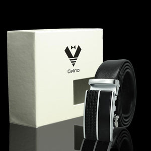 Black & Silver Adjustable Ratchet Slide Buckle Belt for Men - Genuine Leather Automatic Belt with No