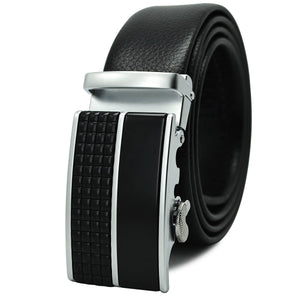 Black & Silver Adjustable Ratchet Slide Buckle Belt for Men - Genuine Leather Automatic Belt with No