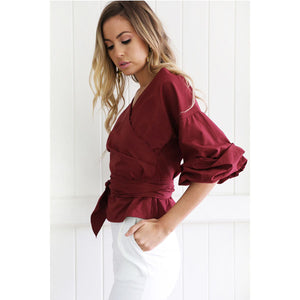 Burgundy Women's Long Sleeve  Black Casual V-Neck Floral Printing T-Shirt Tops