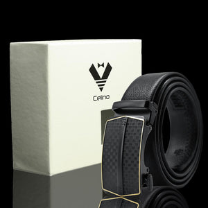 Black & Gold Adjustable Ratchet Slide Buckle Belt for Men - Genuine Leather Automatic Belt with No