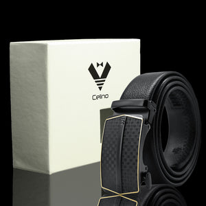 Black Adjustable Ratchet Slide Buckle Belt for Men - Genuine Leather Automatic Belt with No