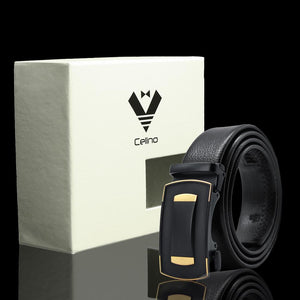 Black & Gold Adjustable Ratchet Slide Buckle Belt for Men - Genuine Leather Automatic Belt with No