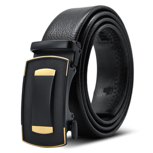 Black & Gold Adjustable Ratchet Slide Buckle Belt for Men - Genuine Leather Automatic Belt with No