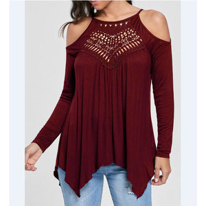 Burgundy Women's Long Sleeve  Black Casual V-Neck Floral Printing T-Shirt Tops