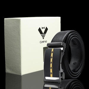 Black & Gold Adjustable Ratchet Slide Buckle Belt for Men - Genuine Leather Automatic Belt with No