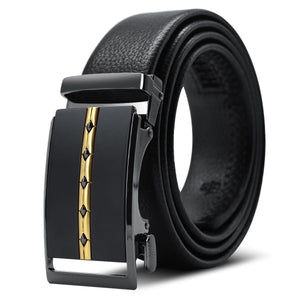 Black & Gold Adjustable Ratchet Slide Buckle Belt for Men - Genuine Leather Automatic Belt with No