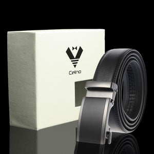 Black Silver Buckle & Black Belt Adjustable Ratchet Slide Buckle Belt for Men - Genuine Leather