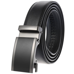 Black Silver Buckle & Black Belt Adjustable Ratchet Slide Buckle Belt for Men - Genuine Leather