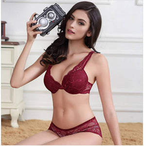 Burgandy Strappy Womens Transparent Lace Bra and Panty Sets - 2 Piece Matching Lingerie Set for