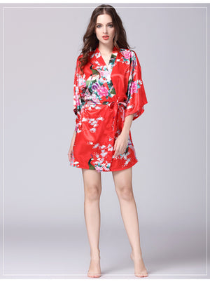 Red Floral Printed Sleepwear for Women - 1 Piece Nightwear with Belt