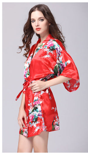 Red Floral Printed Sleepwear for Women - 1 Piece Nightwear with Belt