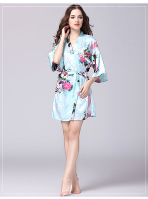 Sky Blue Floral Printed Sleepwear for Women - 1 Piece Nightwear with Belt